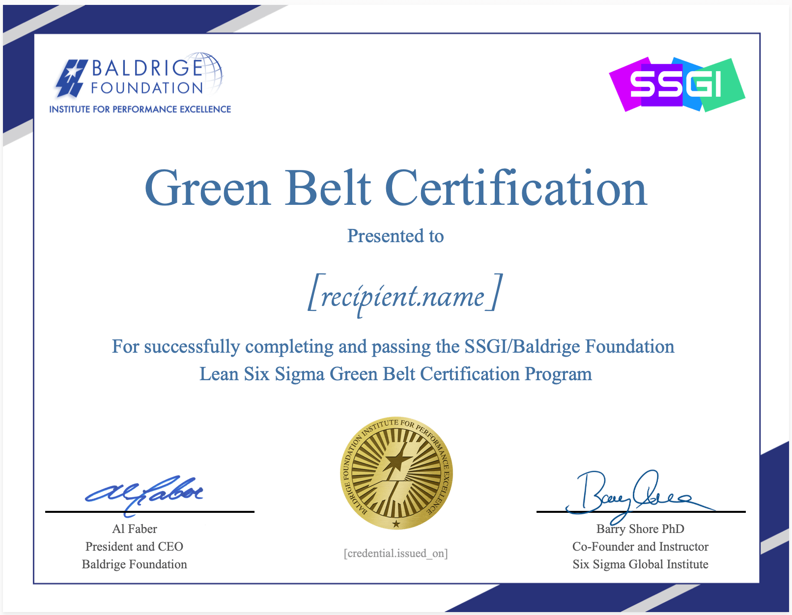 ssgi baldrige six sigma certification