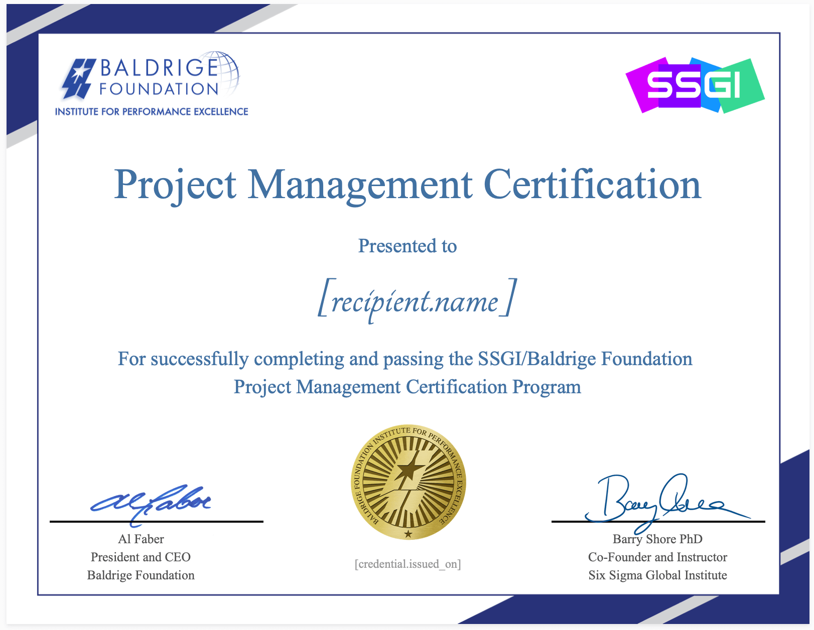 ssgi baldrige project management certification